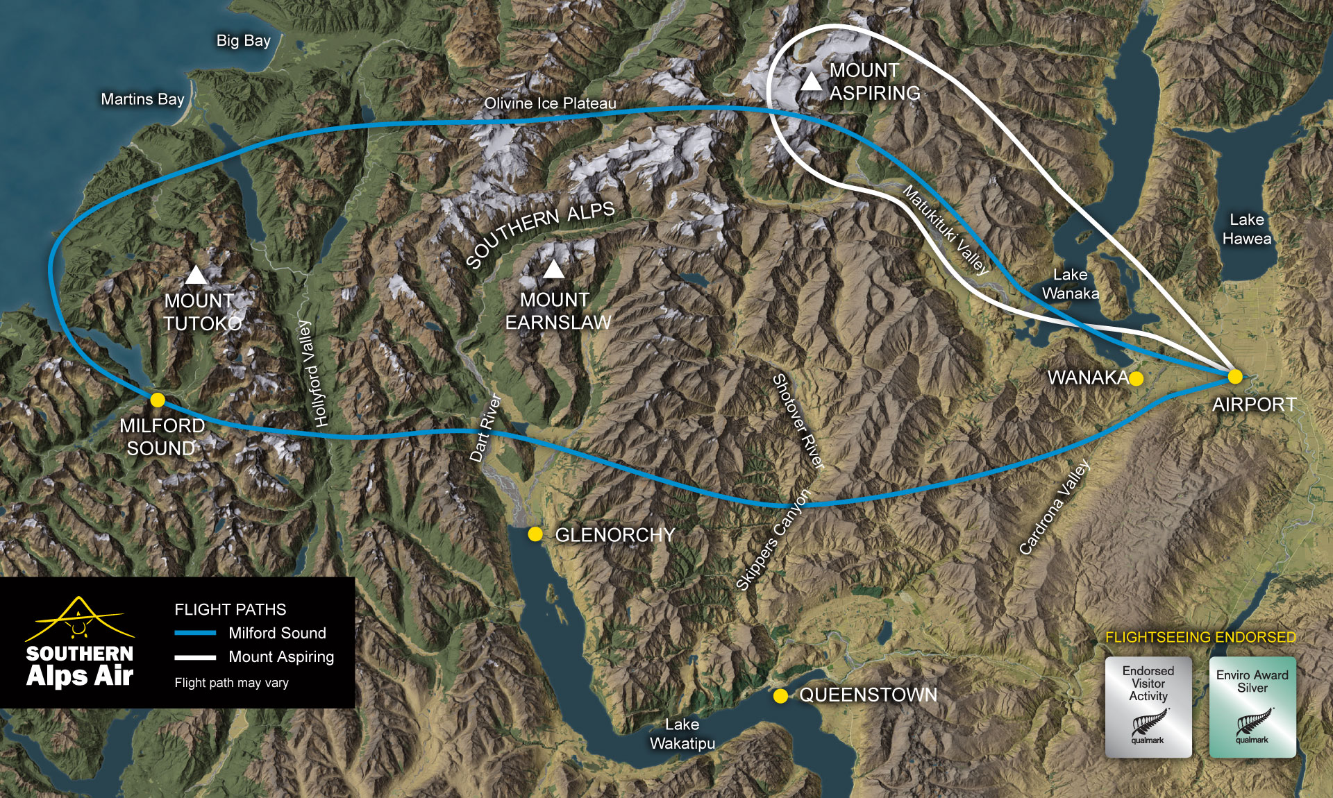 Milford Sound Mt Aspiring Flight Map